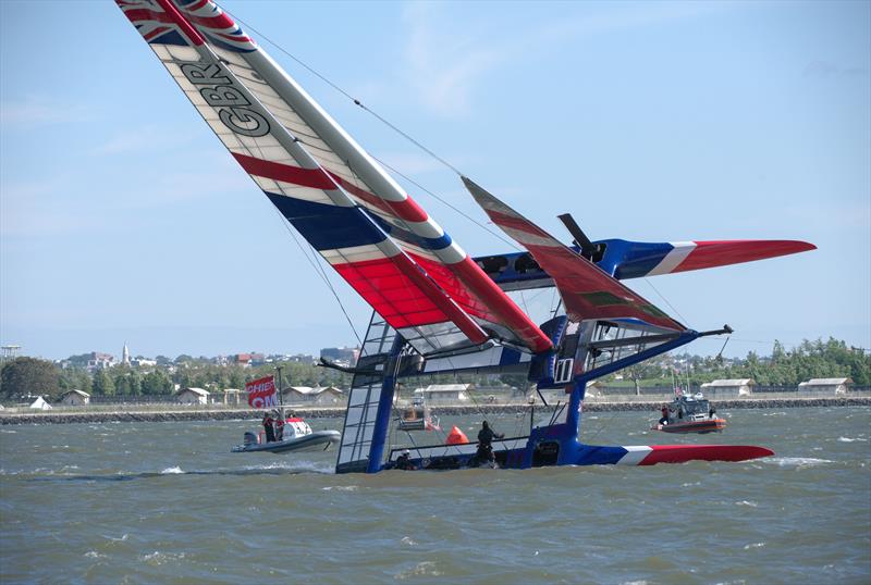 Great Britain SailGP Team capsize during the build-up to race 1 on New York SailGP day 1 photo copyright Chris Cameron / SailGP taken at  and featuring the F50 class