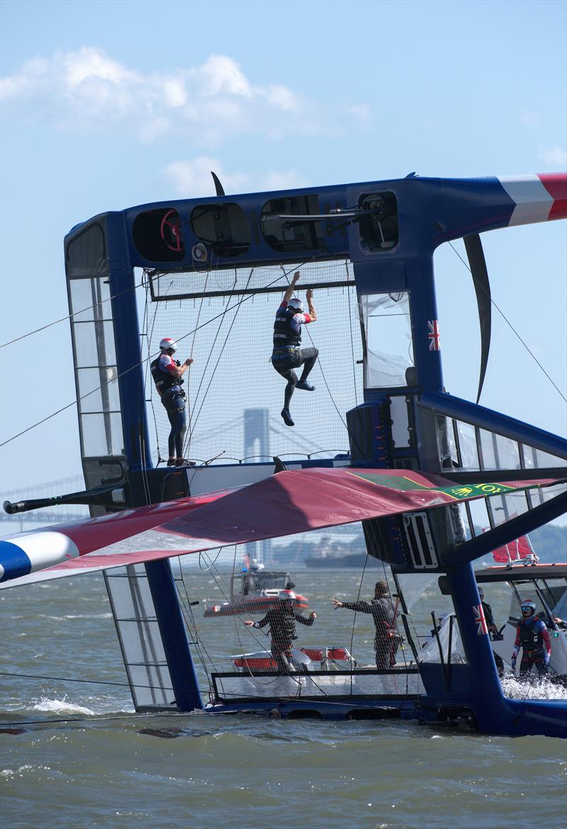 Great Britain SailGP Team capsize during the build-up to race 1 on New York SailGP day 1 photo copyright Chris Cameron / SailGP taken at  and featuring the F50 class