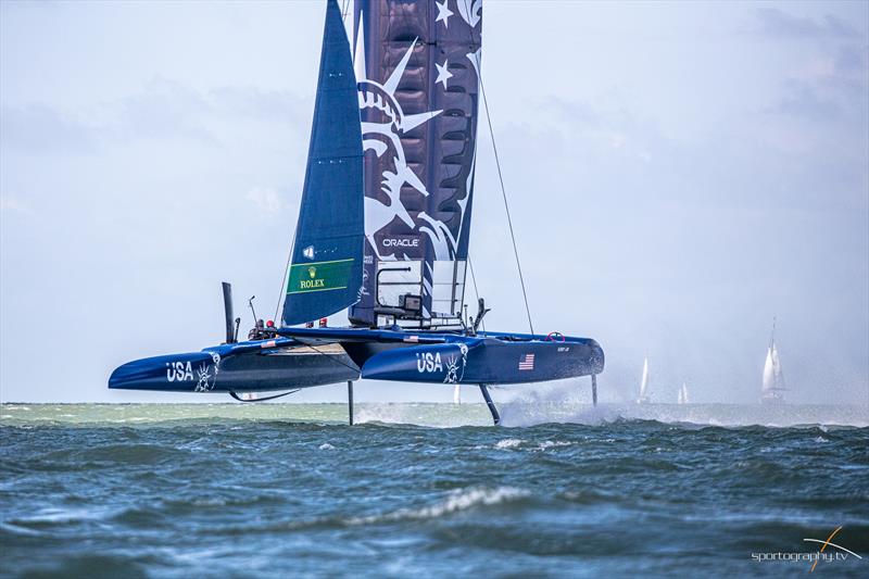 Wednesday high wind practice in the Solent ahead of the Cowes SailGP event photo copyright Alex Irwin / www.sportography.tv taken at  and featuring the F50 class