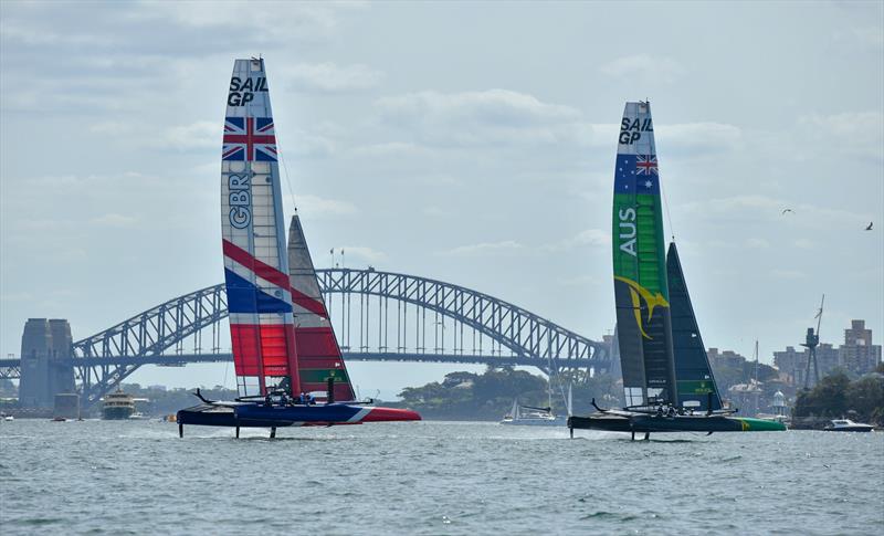 Australia SAILGP Team skippered by Tom Slingsby and Great Britain SailGP Team skippered by Dylan Fletcher during the opening of event of SailGP Season 1 on Sydney Harbour photo copyright Chris Cameron for SailGP taken at  and featuring the F50 class