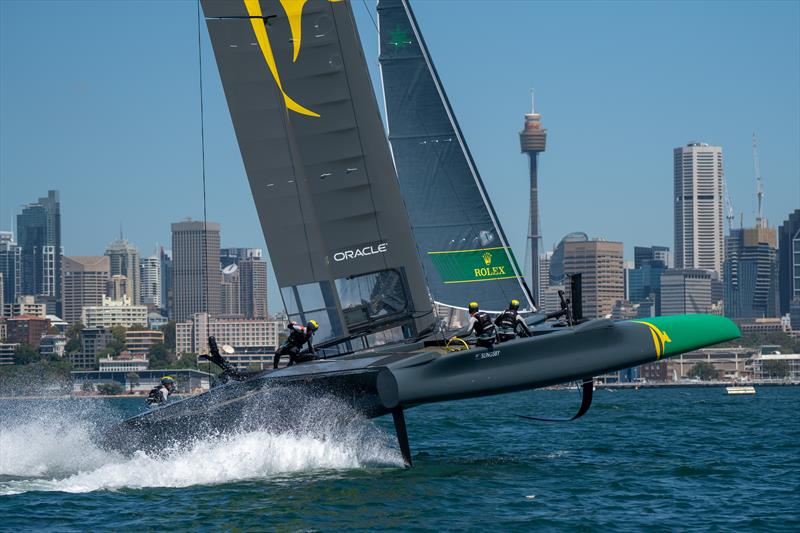 The Australian SailGP Team F50 skippered by Tom Slingsby AUS races across Sydney Harbour during the opening of event of SailGP Season 1 photo copyright SailGP taken at  and featuring the F50 class