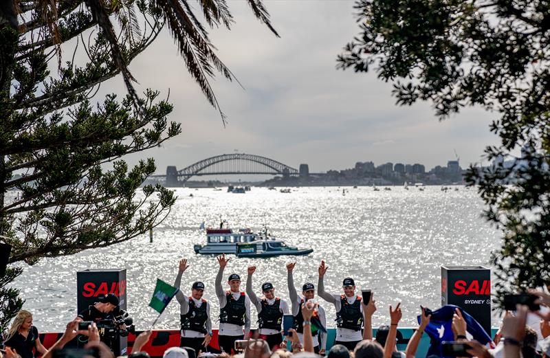 Australia SAILGP Team skippered by Tom Slingsby celebrate winning the opening of event of SailGP Season 1 on Sydney Harbour photo copyright Bob Martin for SailGP taken at  and featuring the F50 class