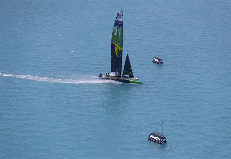 Australia SailGP Team helmed by Tom Slingsby crossing the finish line during the Bermuda SailGP presented by Hamilton Princess photo copyright Simon Bruty for SailGP taken at  and featuring the F50 class