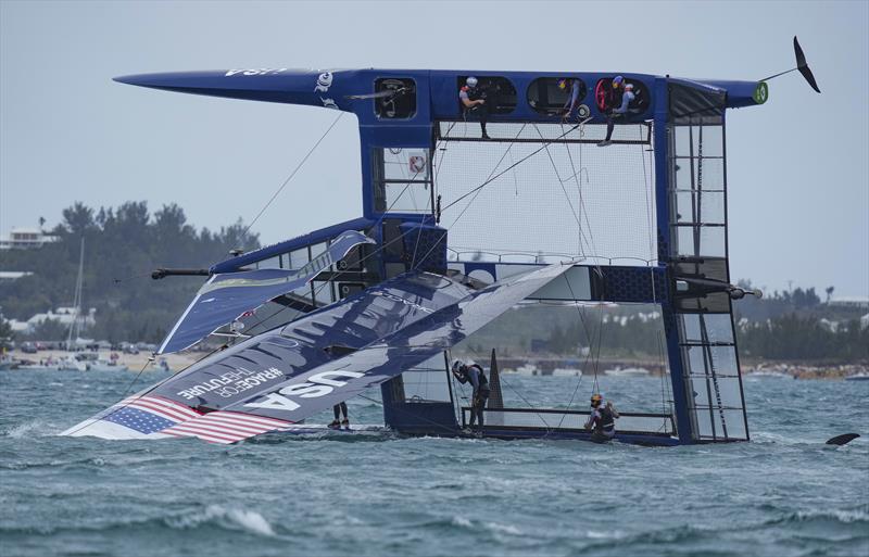 USA SailGP Team helmed by Jimmy Spithill capsize on day 2 of the Bermuda SailGP presented by Hamilton Princess photo copyright Bob Martin for SailGP taken at  and featuring the F50 class