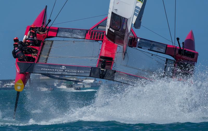 Denmark SailGP Team presented by ROCKWOOL takes a leap during the Bermuda SailGP presented by Hamilton Princess photo copyright Bob Martin for SailGP taken at  and featuring the F50 class