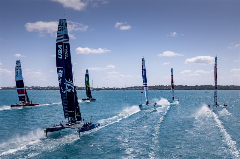 The fleet soon after the start during the Bermuda SailGP presented by Hamilton Princess photo copyright Simon Bruty for SailGP taken at  and featuring the F50 class