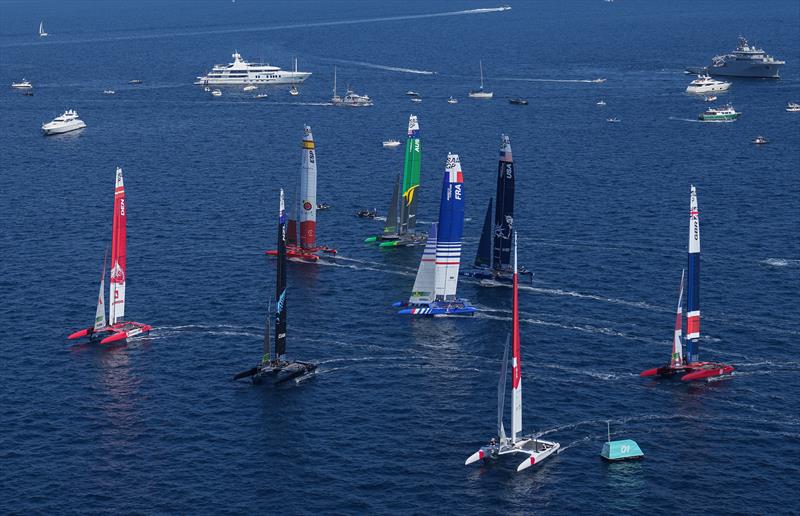 Aerial view of the fleet in action at the start on Race Day 2 of France Sail Grand Prix photo copyright Thomas Lovelock for SailGP taken at  and featuring the F50 class