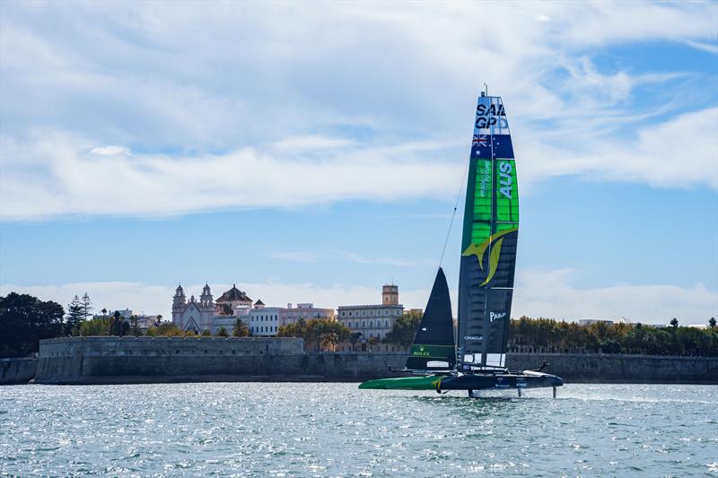 Australia SailGP Team helmed by Tom Slingsby in action during a practice session ahead of Spain SailGP, Event 6, Season 2 in Cadiz, Andalucia, Spain - photo © Bob Martin for SailGP