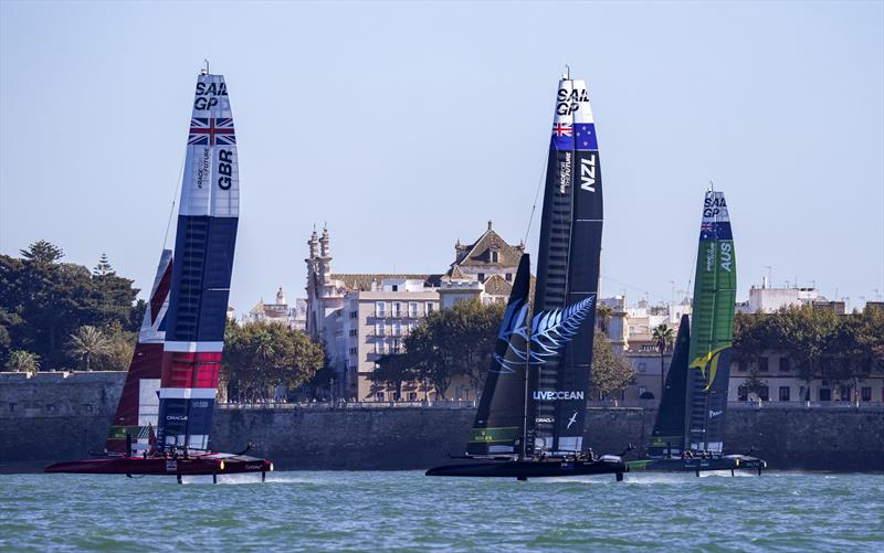 Great Britain SailGP Team helmed by Ben Ainslie, New Zealand SailGP Team co-helmed by Peter Burling and Blair Tuke and Australia SailGP Team helmed by Tom Slingsby at the Spain Sail Grand Prix - photo © Bob Martin for SailGP