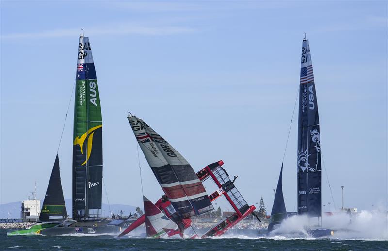 The Great Britain SailGP Team pitchpole in the final podium race at the Spain Sail Grand Prix photo copyright Bob Martin for SailGP taken at  and featuring the F50 class