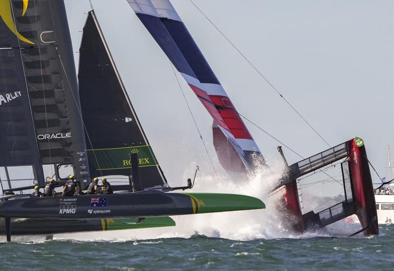 The Great Britain SailGP Team pitchpole in the final podium race at the Spain Sail Grand Prix photo copyright Thomas Lovelock for SailGP taken at  and featuring the F50 class