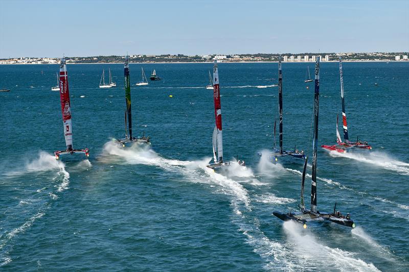 The F50 catamaran fleet in action Race Day 2 at the Spain Sail Grand Prix photo copyright Ricardo Pinto for SailGP taken at  and featuring the F50 class