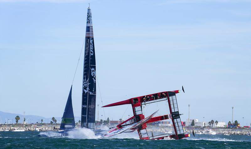 Great Britain SailGP Team helmed by Ben Ainslie capsize during the final at the Spain Sail Grand Prix - photo © Bob Martin for SailGP