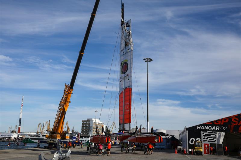 The Spain SailGP F50 catamaran is craned out of the water in the Technical Area after Race Day 2 at the Spain Sail Grand Prix - photo © Felix Diemer for SailGP