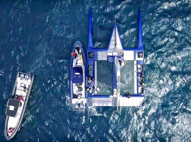 F-50 First test Sail - aerial shot showing three crew cockpits, daggerboard cases, and general layout of the F50 photo copyright Beau Outteridge taken at  and featuring the F50 class