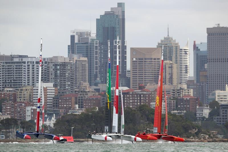 Great Britain SailGP Team, Australia SAILGP Team, China SailGP Team all chasing Japan SailGP Team skippered by Nathan Outteridge on the final day of practice. Event 1 Season 1 SailGP event in Sydney Harbour, Sydney, Australia photo copyright Mark Lloyd / SailGP taken at  and featuring the F50 class