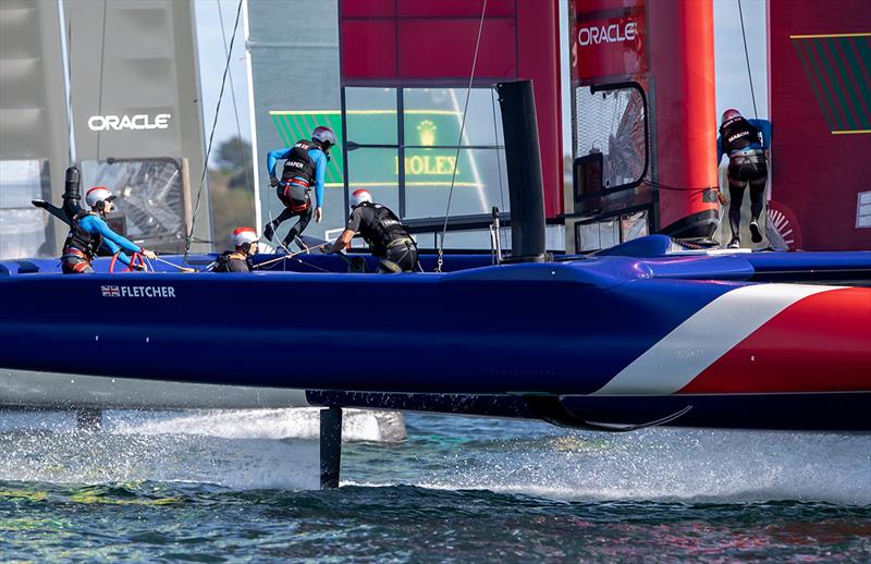 Great Britain SailGP skipper Dylan Fletcher takes over the wing trim as Chris Draper moves across the boat photo copyright Crosbie Lorimer taken at Royal Sydney Yacht Squadron and featuring the F50 class