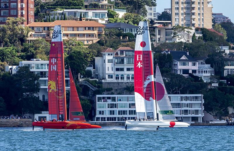 Japan SailGP team lead China down the course in Race 1 1 photo copyright Crosbie Lorimer taken at Royal Sydney Yacht Squadron and featuring the F50 class