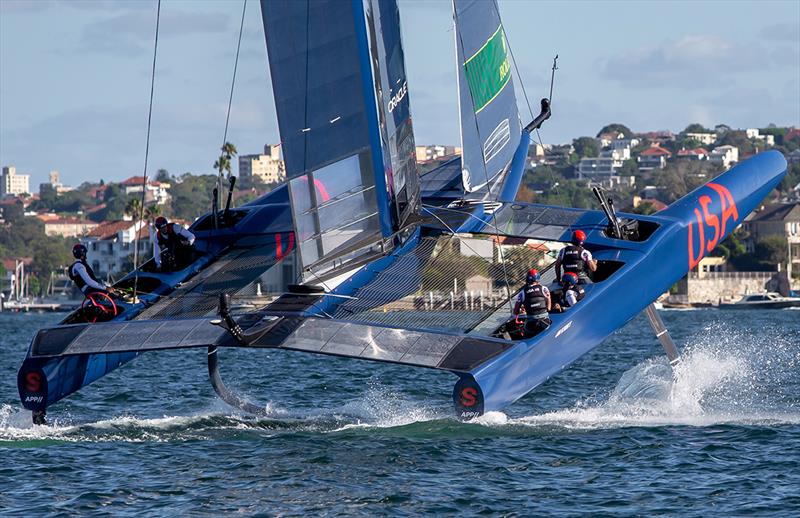 USA SailGP puts on wheelstand as she exits a gybe - photo © Crosbie Lorimer