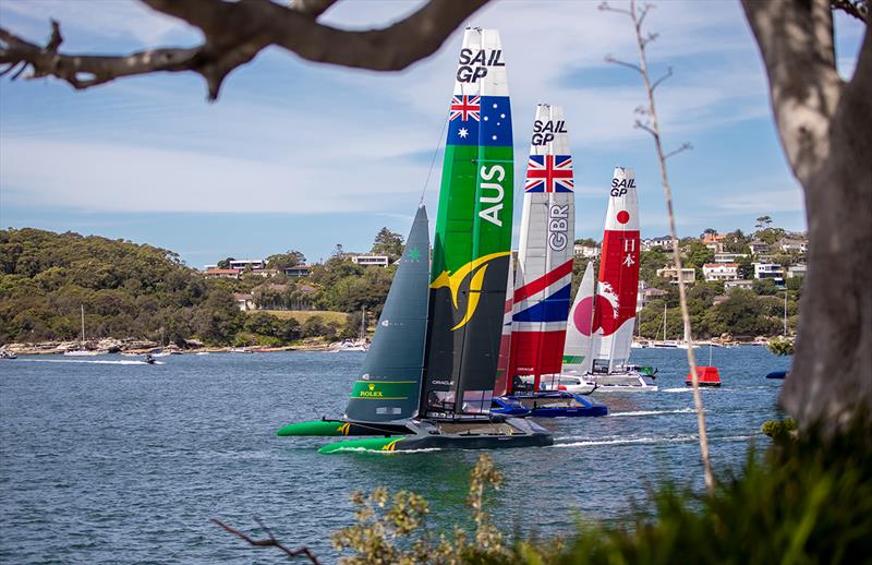 The fleet gets away - 2019 Sail GP Championship Sydney photo copyright Crosbie Lorimer taken at Royal Sydney Yacht Squadron and featuring the F50 class