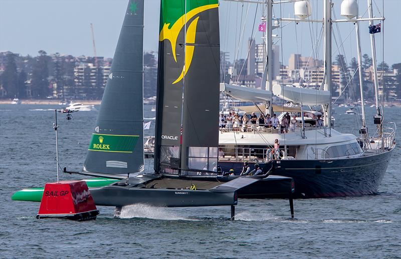 Team Australia leads around Mark 1 in the final match race against team Japan - 2019 Sail GP Championship Sydney - photo © Crosbie Lorimer