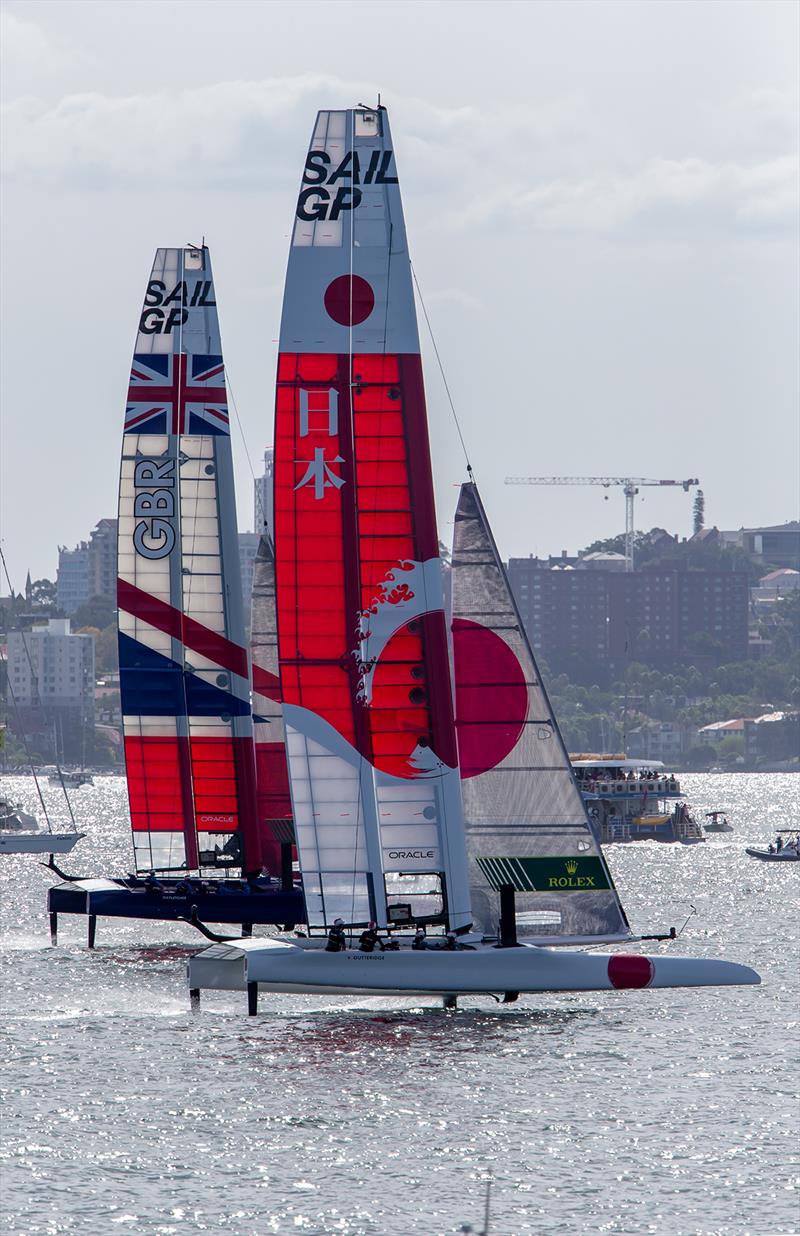 Team Japan and Team Great Britain drive upwind - 2019 Sail GP Championship Sydney photo copyright Crosbie Lorimer taken at Royal Sydney Yacht Squadron and featuring the F50 class