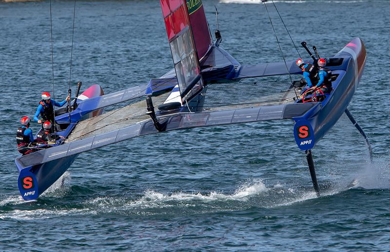 Team Great Britain tries the classic 'flick' tack, first mastered by the Kiwis in the America's Cup - 2019 Sail GP Championship Sydney photo copyright Crosbie Lorimer taken at Royal Sydney Yacht Squadron and featuring the F50 class