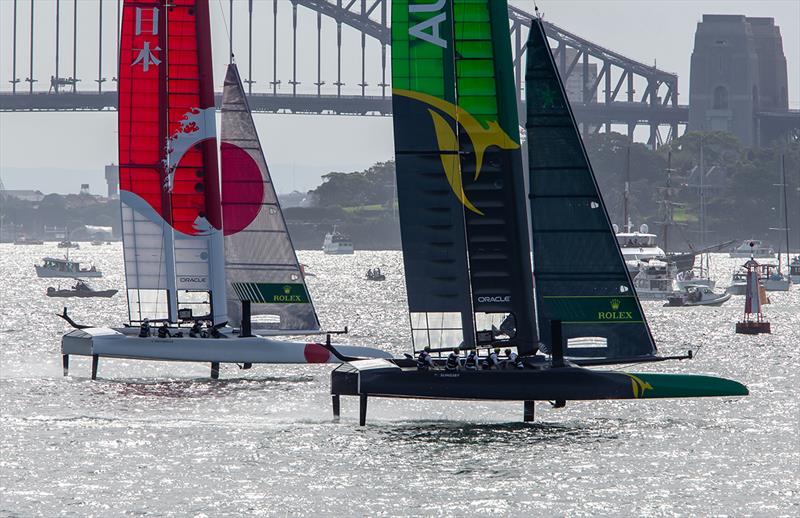 Team Australia and Team Japan fly across the harbour - 2019 Sail GP Championship Sydney photo copyright Crosbie Lorimer taken at Royal Sydney Yacht Squadron and featuring the F50 class