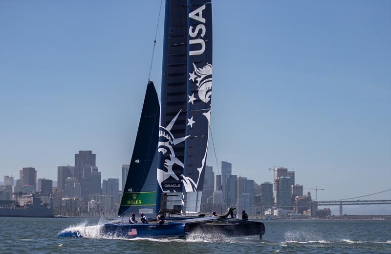 The United States SailGP Team training on their F50 catamaran during their first planned practice session. Race 2 Season 1 SailGP event in San Francisco, California, United States. 22 April  photo copyright Jed Jacobsohn for SailGP taken at Golden Gate Yacht Club and featuring the F50 class