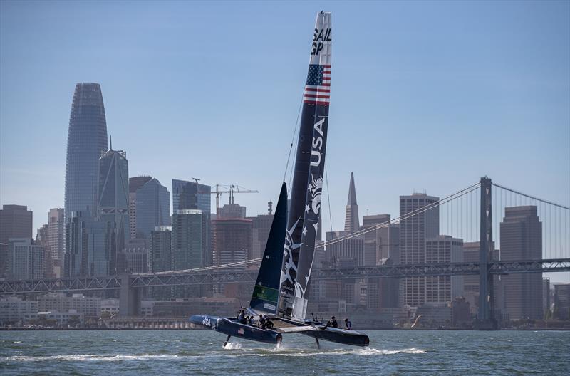 The United States SailGP Team training on their F50 catamaran during their first planned practice session. Race 2 Season 1 SailGP event in San Francisco, California, United States. 22 April  photo copyright Jed Jacobsohn for SailGP taken at Golden Gate Yacht Club and featuring the F50 class