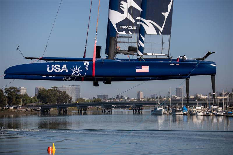 The Team USA F50 catamaran being lowered into the water ahead of a practice session. Race 2 Season 1 SailGP event in San Francisco, California, United States. 22 April .  - photo © Jed Jacobsohn for SailGP