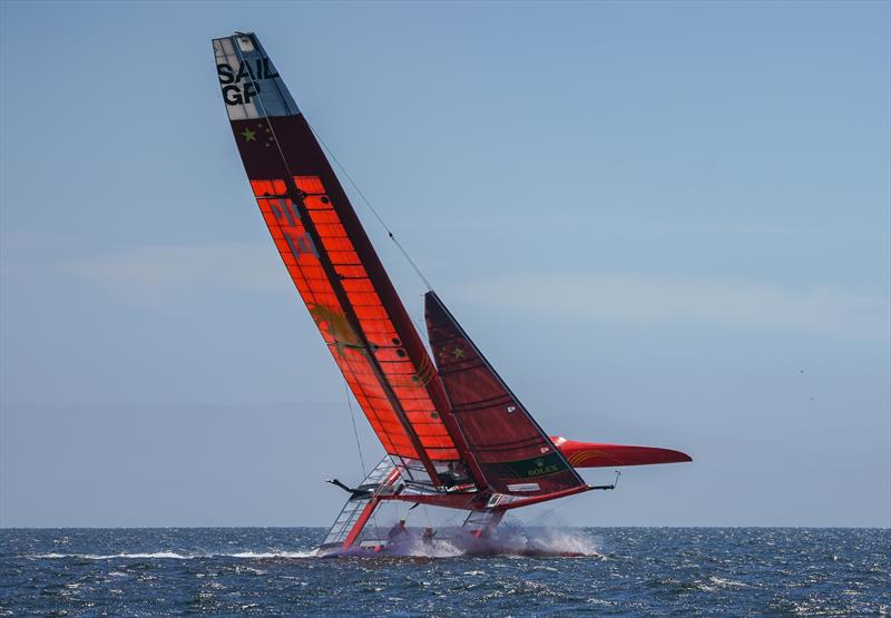 The China SailGP F50 catamaran leans over at an extreme angle during practice in San Francisco Bay. Race 2 Season 1 SailGP event in San Francisco,  25 April  photo copyright Beau Outteridge for SailGP taken at Golden Gate Yacht Club and featuring the F50 class