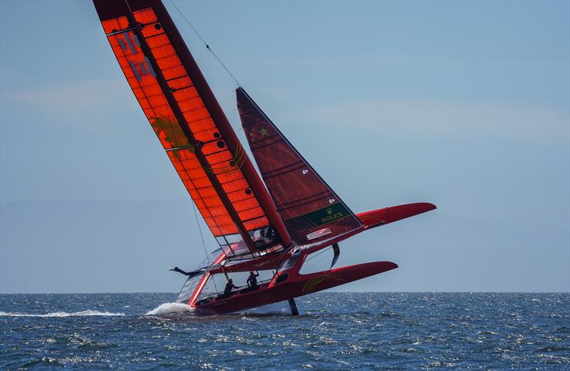 The China SailGP F50 catamaran leans over at an extreme angle during practice in San Francisco Bay. Race 2 Season 1 SailGP event in San Francisco 25 April  photo copyright Beau Outteridge for SailGP taken at Golden Gate Yacht Club and featuring the F50 class