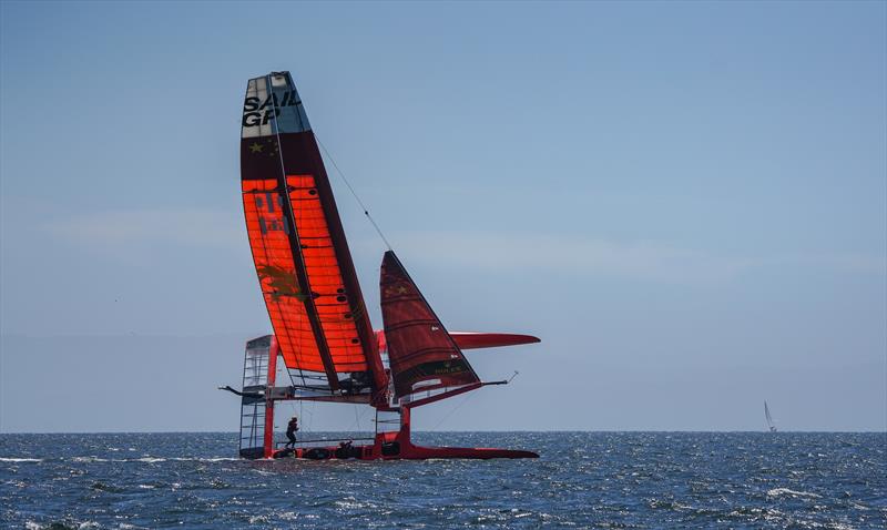 The China SailGP F50 catamaran leans over at an extreme angle during practice in San Francisco Bay. Race 2 Season 1 SailGP event in San Francisco 25 April  photo copyright Beau Outteridge for SailGP taken at Golden Gate Yacht Club and featuring the F50 class