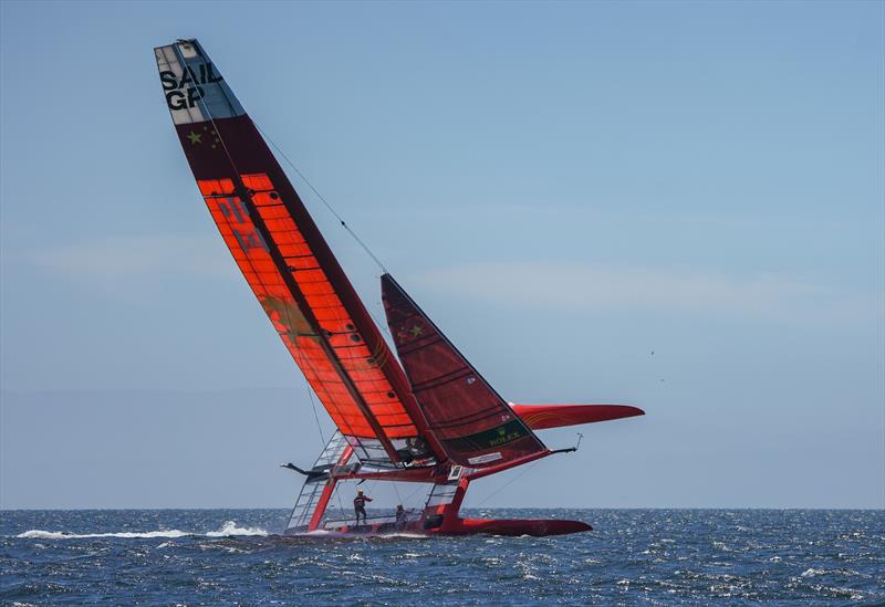 The China SailGP F50 catamaran leans over at an extreme angle during practice in San Francisco Bay. Race 2 Season 1 SailGP event in San Francisco 25 April  photo copyright Beau Outteridge for SailGP taken at Golden Gate Yacht Club and featuring the F50 class