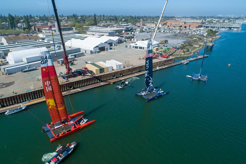 The China SailGP team's F50 catamaran is craned into the water for a training session. Event 2 Season 1 SailGP event in San Francisco - photo © Sam Greenfield for SailGP