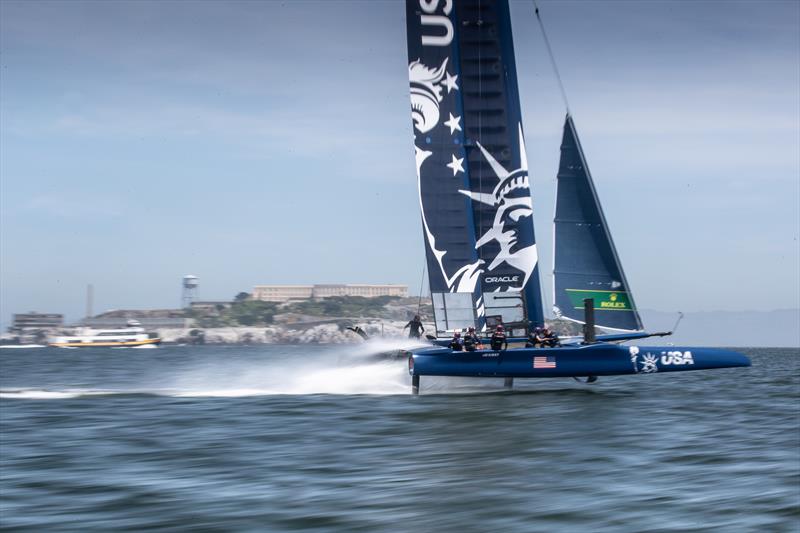 Rome Kirby pilots the USA SailGP Team F50 in front of Alcatraz Island during race condition practice day photo copyright Matt Knighton taken at Golden Gate Yacht Club and featuring the F50 class