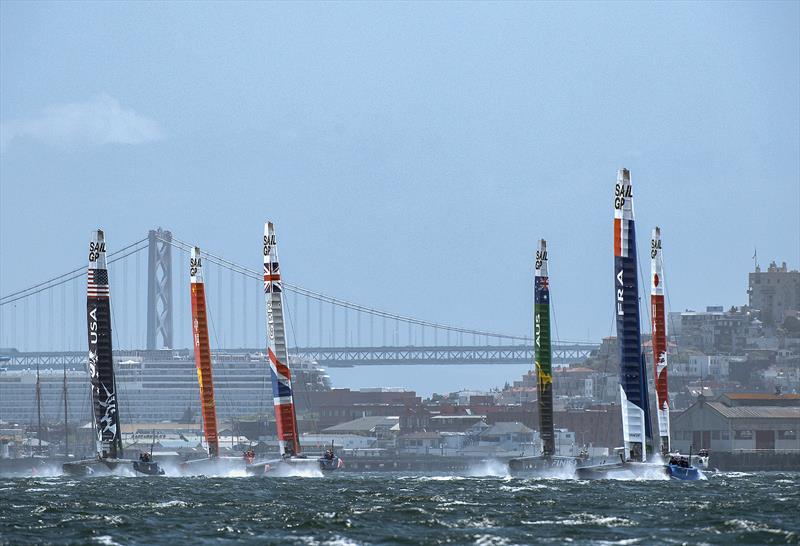 All six SailGP teams training in the bay in choppy waters. Left to right, USA, China, Great Britain, Australia, France and Japan. Race 2 Season 1 SailGP event in San Francisco, California, - photo © Chris Cameron for SailGP
