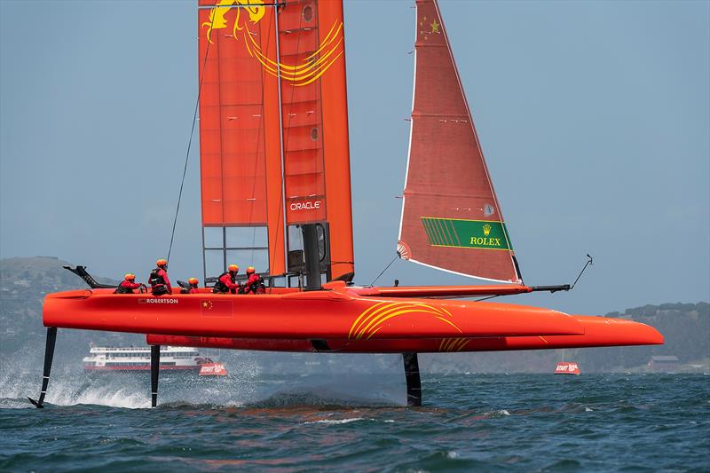 Team China foil a high and crash resulting in a damaged wing. Practice race day, Event 2, Season 1 SailGP event in San Francisco,  - photo © Chris Cameron for SailGP