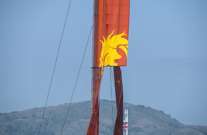 China SailGP Team skippered by Phil Robertson suffers a badly broken wing and has to withdraw from a training session in the bay. Race 2 Season 1 SailGP event in San Francisco, photo copyright Chris Cameron for SailGP taken at Golden Gate Yacht Club and featuring the F50 class