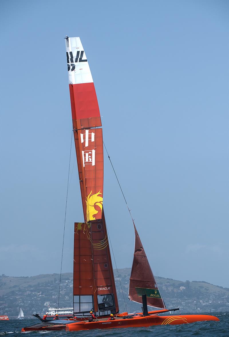 China SailGP Team skippered by Phil Robertson suffers a badly broken wing and has to withdraw from a training session in the bay. Race 2 Season 1 SailGP event in San Francisco,  photo copyright Chris Cameron for SailGP taken at Golden Gate Yacht Club and featuring the F50 class