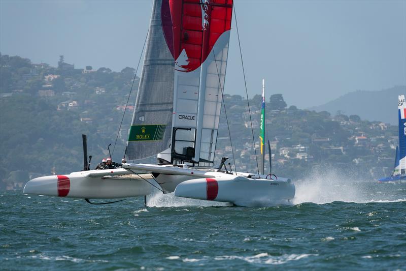 Team Japan crosses the finish in race two. Practice race day, Event 2, Season 1 SailGP event in San Francisco photo copyright Chris Cameron for SailGP taken at Golden Gate Yacht Club and featuring the F50 class