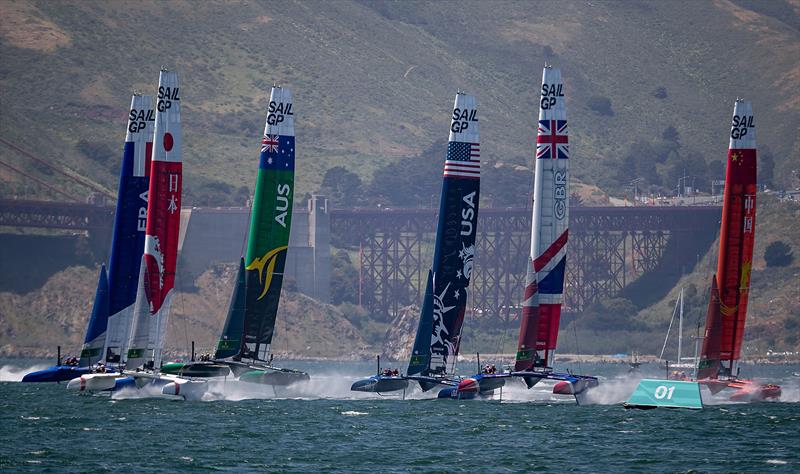 The F50 catamaran fleet racing almost in a line. Race Day 1 Event 2 Season 1 SailGP event in San Francisco - photo © Jed Jacobsohn for SailGP