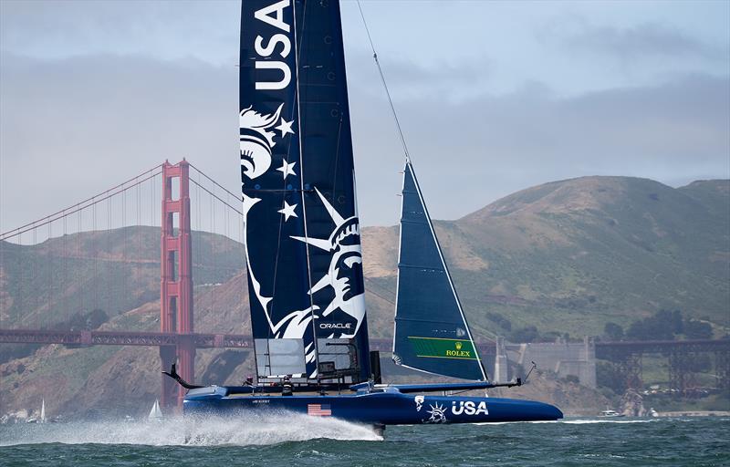 United States SailGP Team skippered by Rome Kirby warm up in front of the Golden Gate Bridge before the day's races. Race Day 1 Event 2 Season 1 SailGP event in San Francisco,  photo copyright Lloyd Images for SailGP taken at  and featuring the F50 class