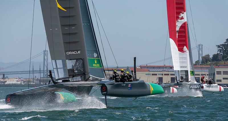 Team Australia helmed by Tom Slingsby follows Team Japan helmed by Nathan Outteridge to the finish in race two. Race Day 1 Event 2 Season 1 SailGP event in San Francisco photo copyright Chris Cameron taken at  and featuring the F50 class