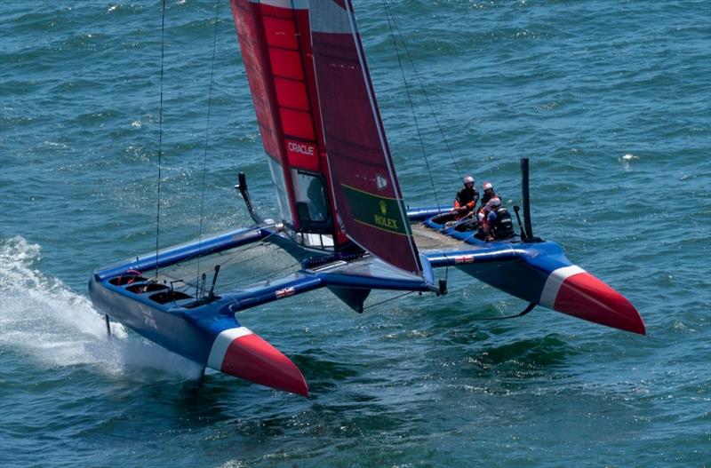 Great Britain SailGP Team skippered by Dylan Fletcher racing. Race Day 1 Event 2 Season 1 SailGP event in San Francisco, California, United States photo copyright Bob Martin for SailGP taken at  and featuring the F50 class