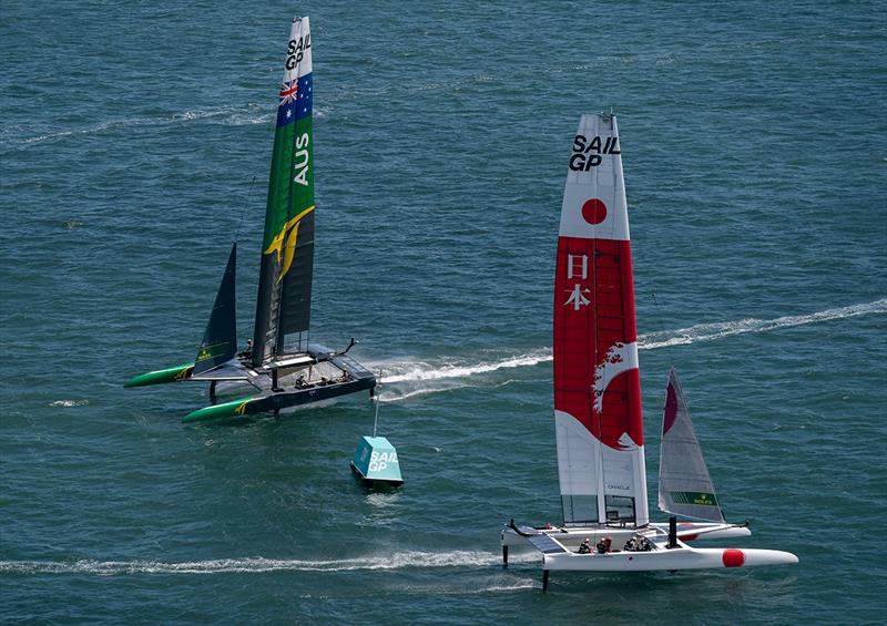 Japan SailGP Team skippered by Nathan Outteridge makes a turn followed by Australia SailGP Team skippered by Tom Slingsby. Race Day 1 Event 2 Season 1 SailGP event in San Francisco, California, United States. 04 May  photo copyright Bob Martin for SailGP taken at  and featuring the F50 class