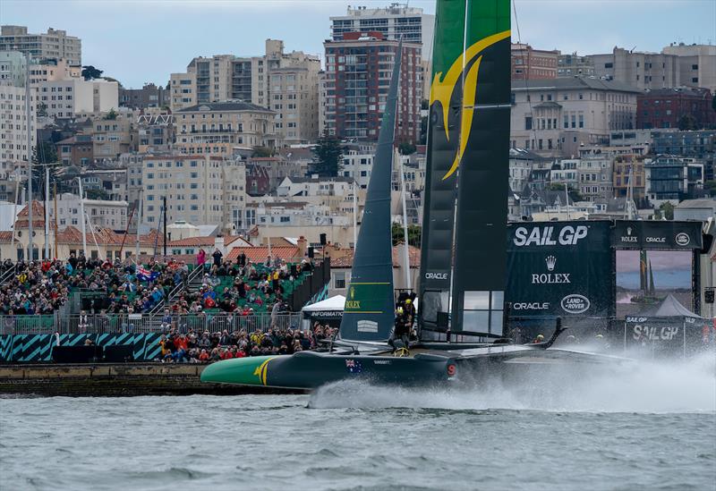 Australia SailGP Team skippered by Tom Slingsby races past the Race Village. Race Day 2 Event 2 Season 1 SailGP event in San Francisco, California, United States. 05 May  photo copyright Bob Martin for SailGP taken at  and featuring the F50 class