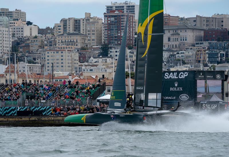 Australia SailGP Team skippered by Tom Slingsby races past the Race Village. Race Day 2 Event 2 Season 1 SailGP event in San Francisco, California, United States. 05 May - photo © Bob Martin for SailGP