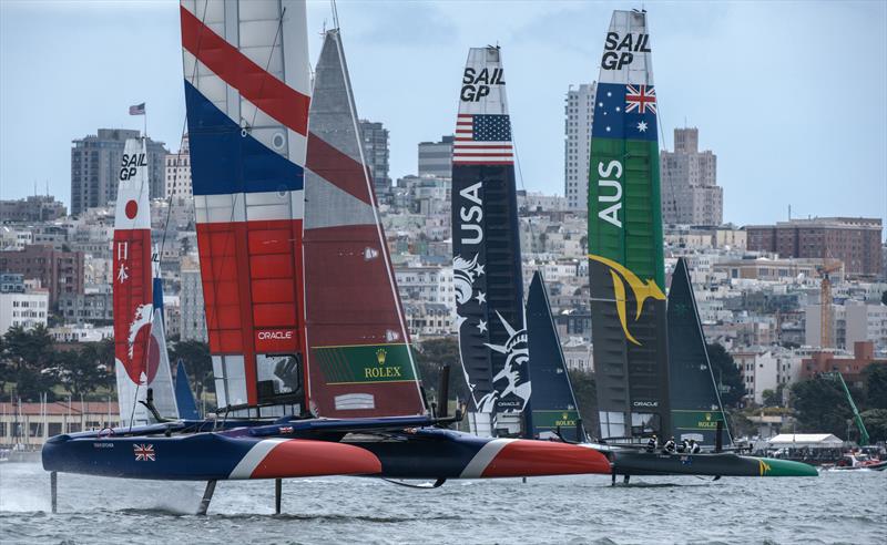 Great Britain SailGP Team skippered by Dylan Fletcher racing with United States SailGP Team and Australia SailGP Team in Fleet Race 4. Race Day 2 Event 2 Season 1 SailGP event in San Francisco photo copyright Chris Cameron for SailGP taken at Golden Gate Yacht Club and featuring the F50 class